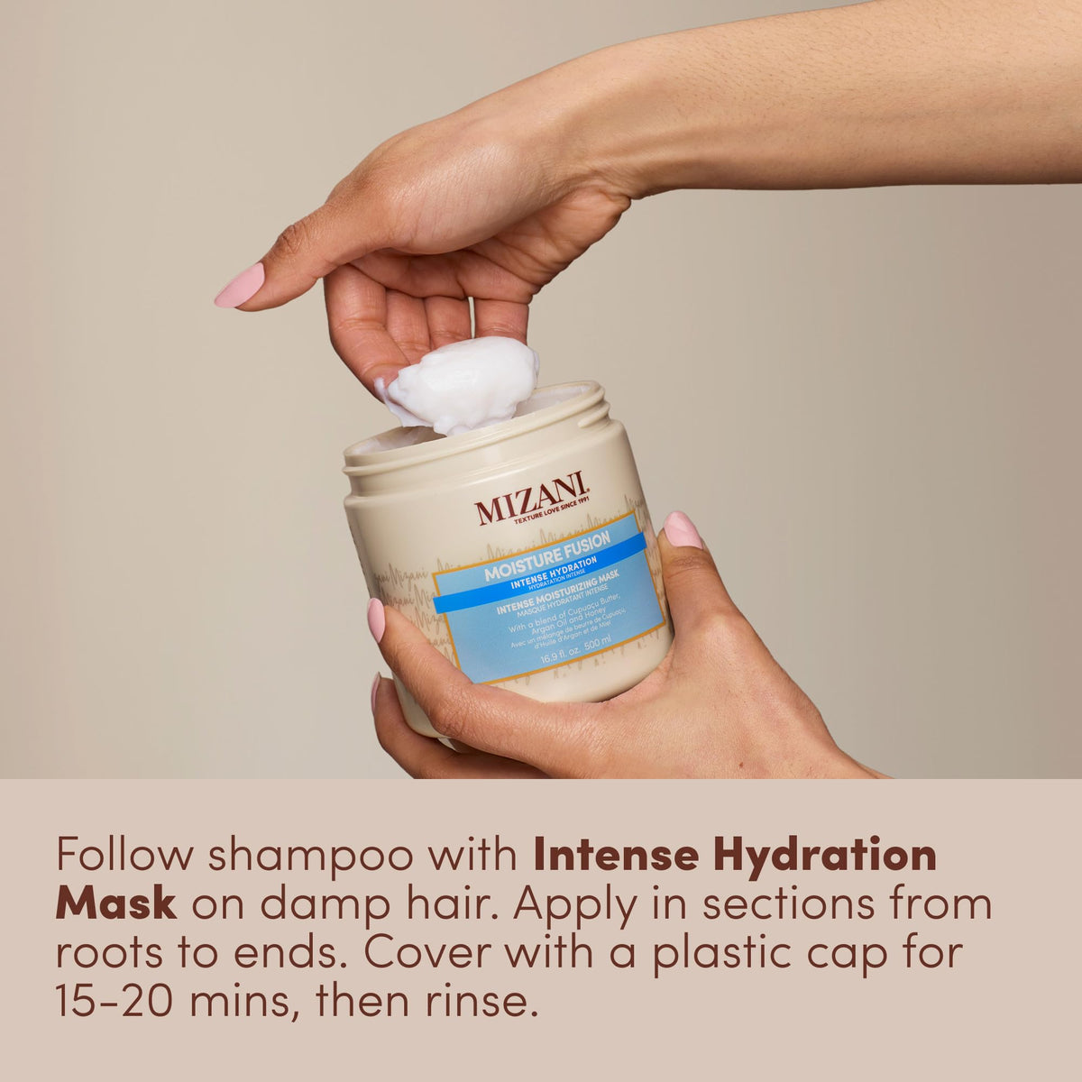 Mizani jar beside argan oil bottle and cupuacu butter representing nourishing ingredients