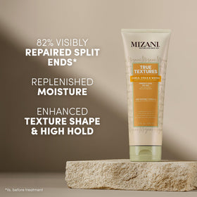 Close-up texture of Mizani gel-oil mix illustrating smooth application and moisture