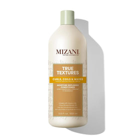 Mizani front bottle view showing product benefits and volume