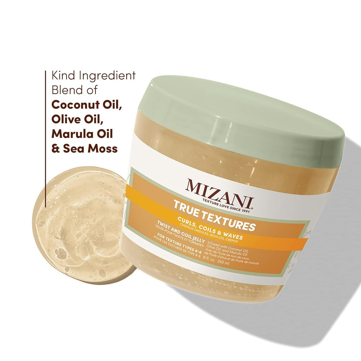 Mizani label close-up displaying ingredient claims and benefits