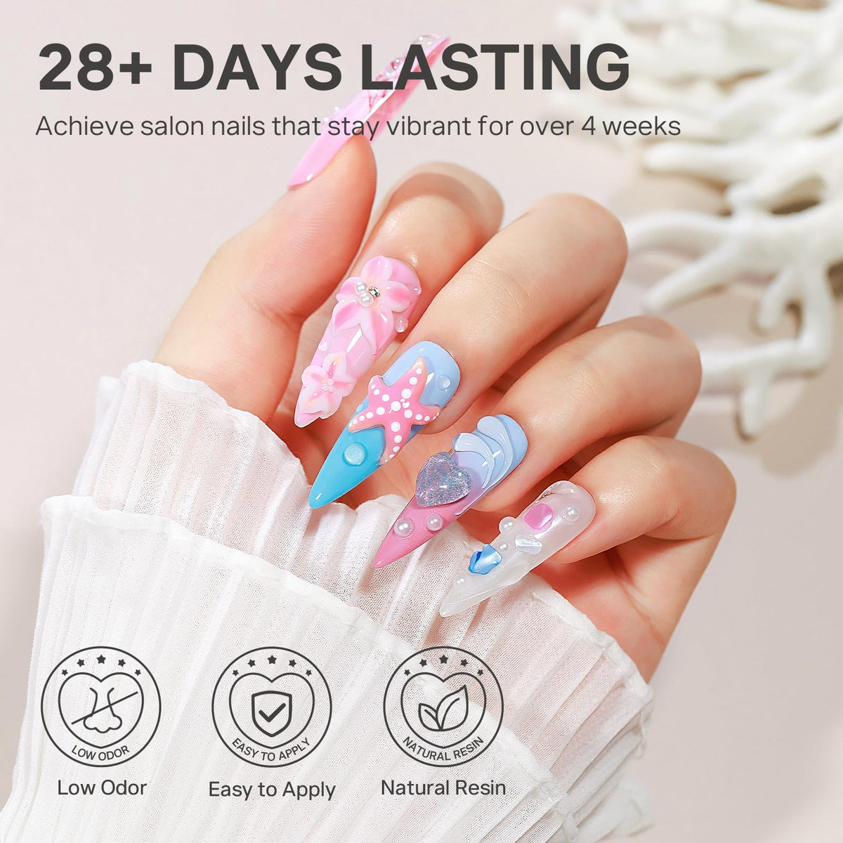 MIZHSE cured three-dimensional nail decorations showing long-lasting finish