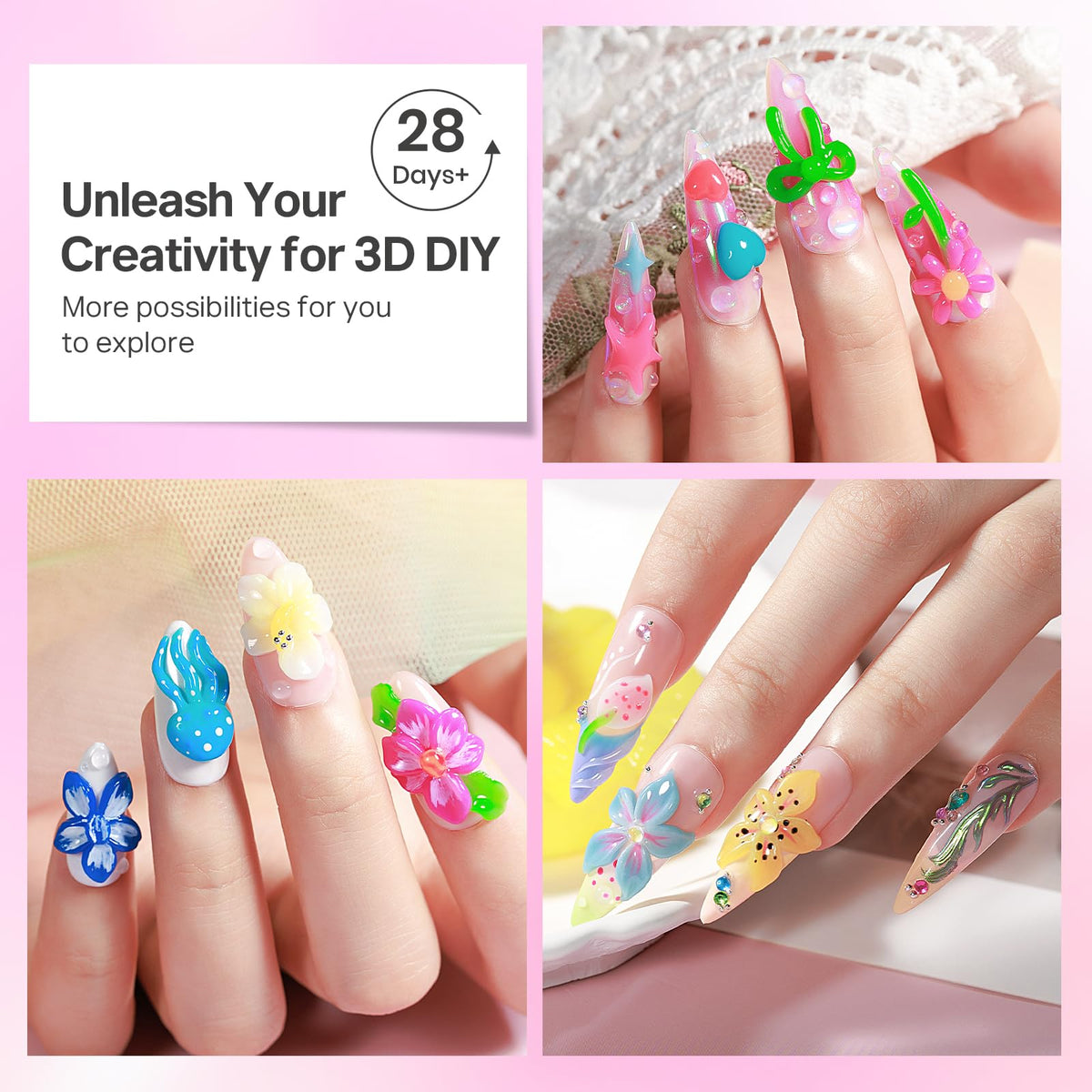 MIZHSE finished manicure with multi-colored 3D designs showcasing salon-quality results