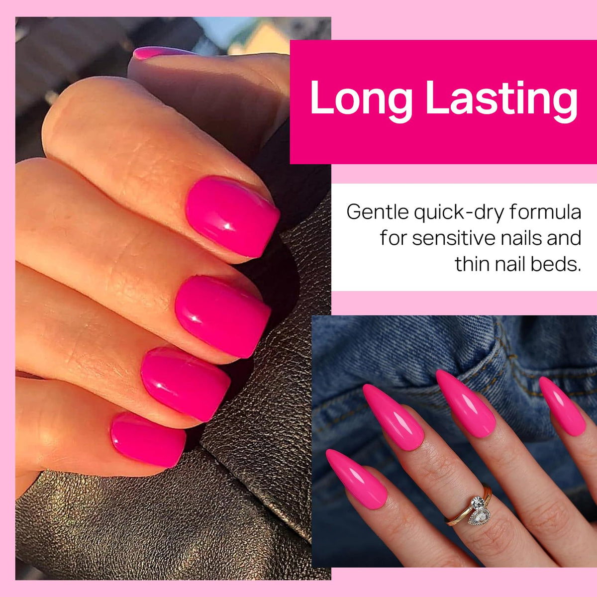 MIZHSE on-model manicure showing finished hot pink nails fast-dry