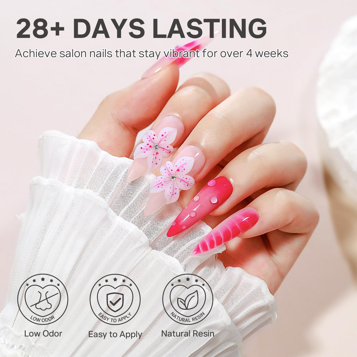 MIZHSE lifestyle shot of hand wearing 3D nail art showing durable style