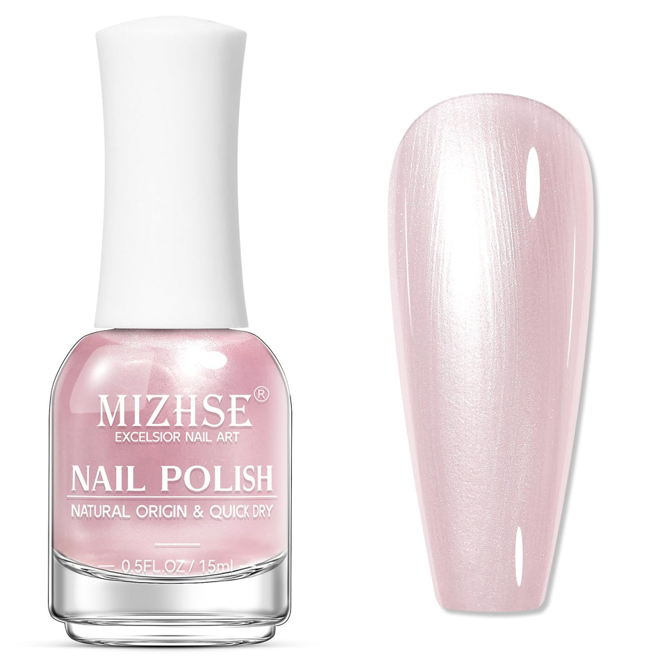 MIZHSE bottle front packaging showing pale pearlescent pink and shade name for easy selection
