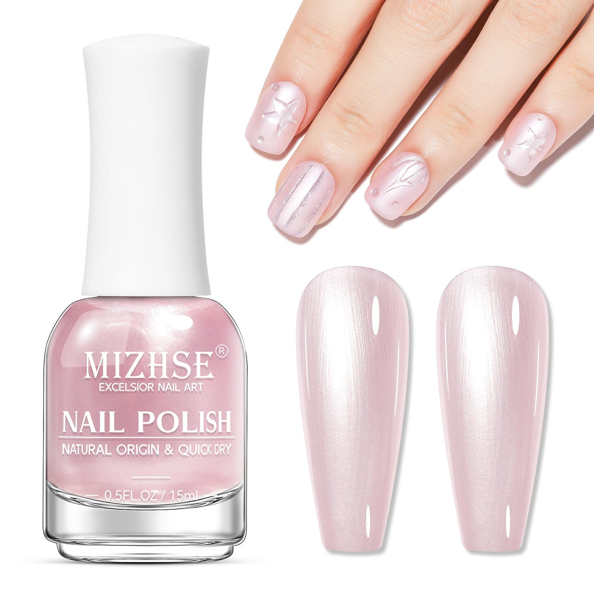 MIZHSE finished manicure in a lifestyle setting showing wearable pale pink elegance