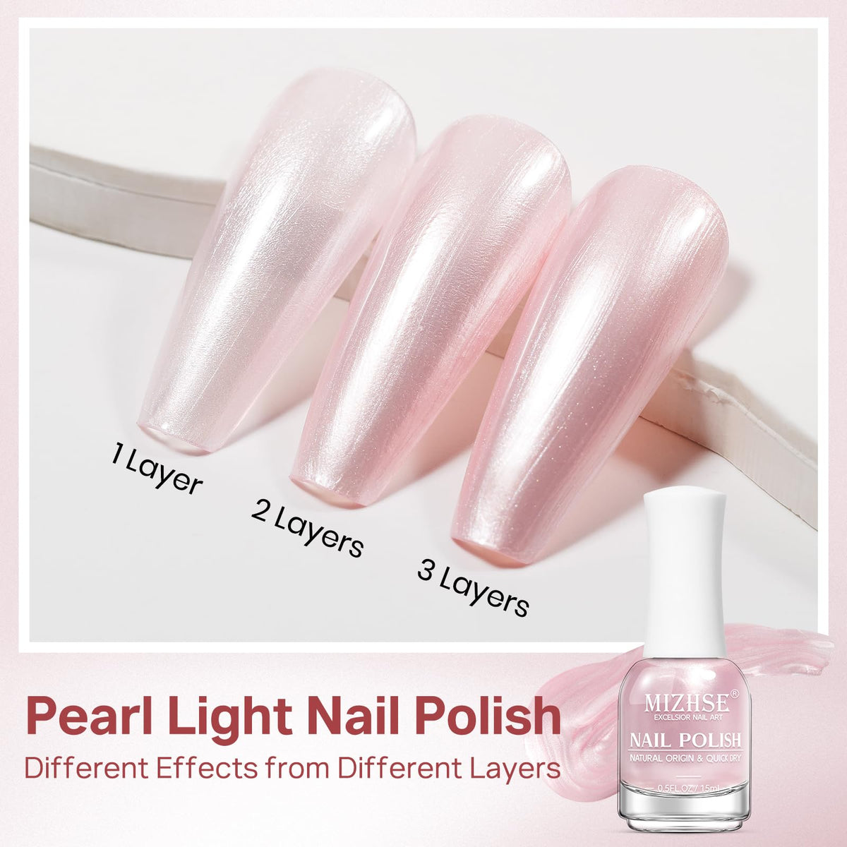MIZHSE swatch on sample nails illustrating buildable coverage and glossy pearly finish