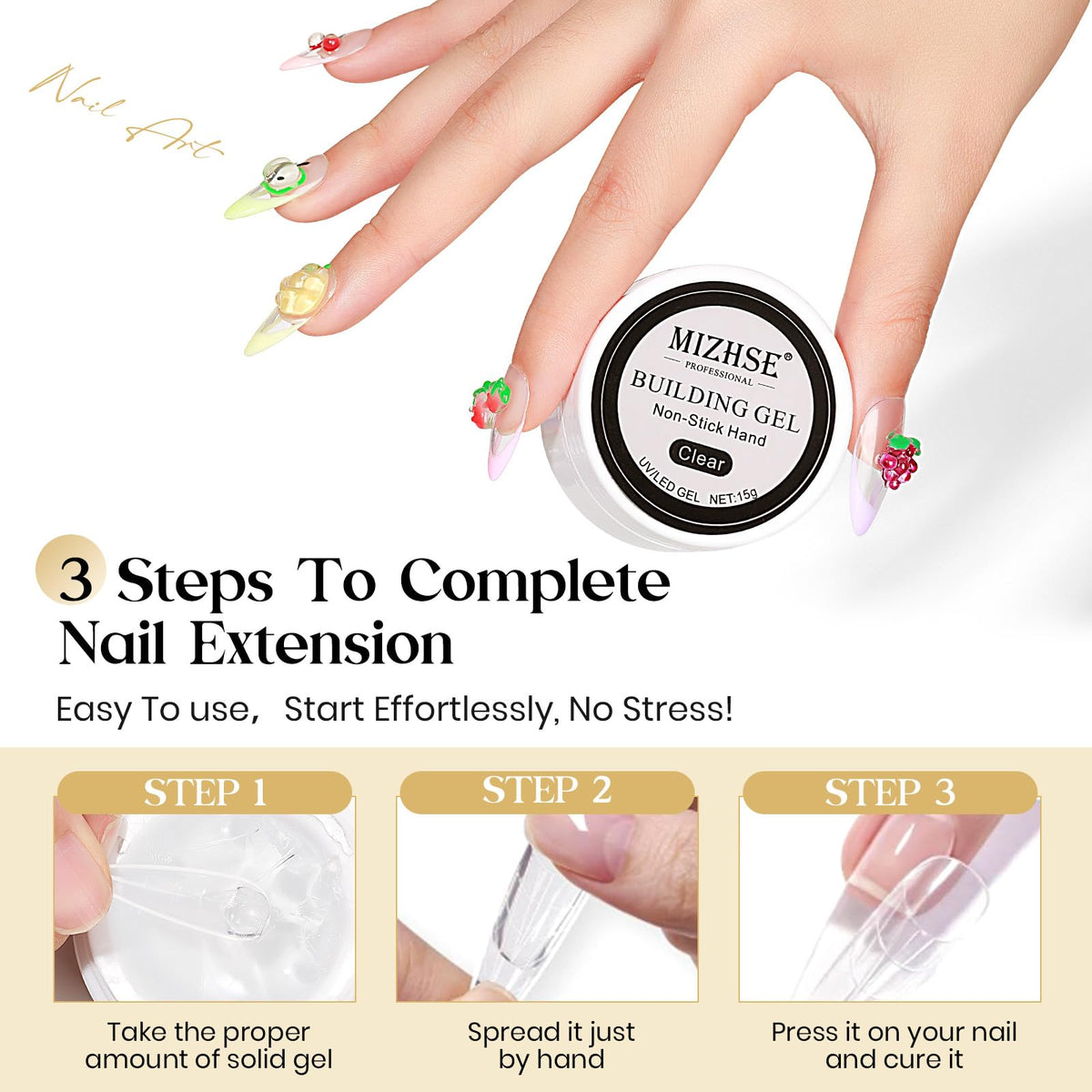 MIZHSE finished press-on nail bases demonstrating secure, reusable adhesion