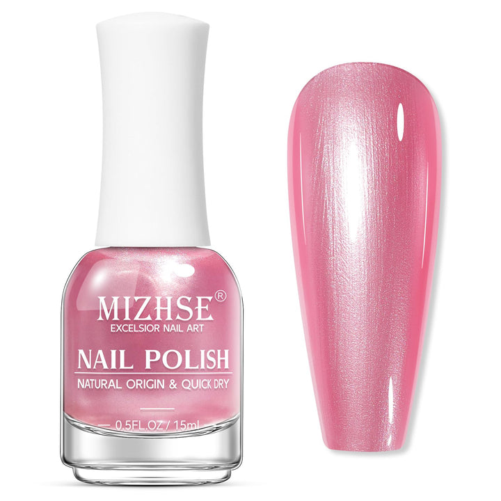MIZHSE front bottle showing pearlescent rose pink shade and glossy finish