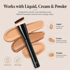 M J JOMAY brush applying liquid foundation for streak-free, full-coverage finish