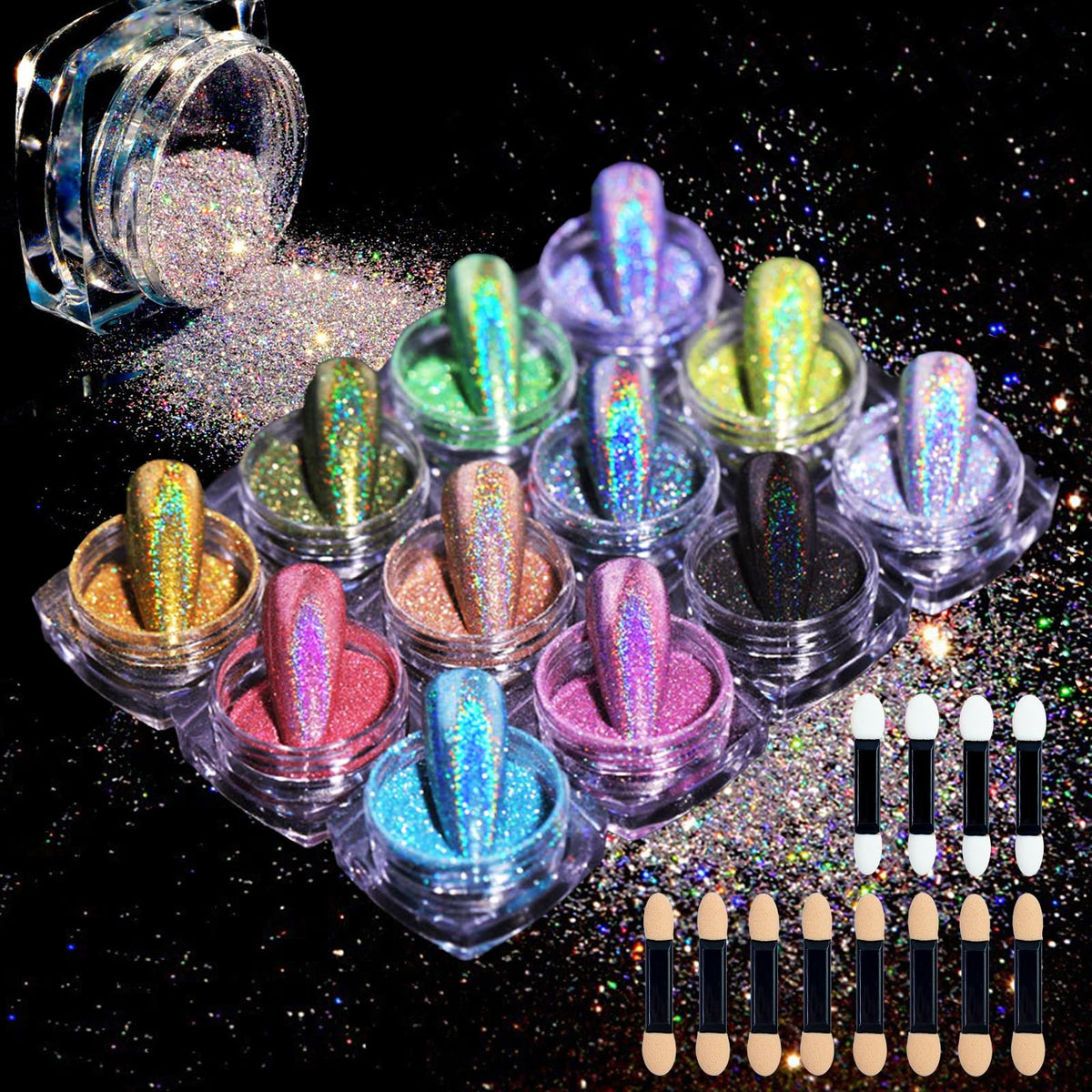 MKNZOME front view of 12-jar holographic powder set showing range and packaging benefits