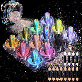 MKNZOME front view of 12-jar holographic powder set showing range and packaging benefits