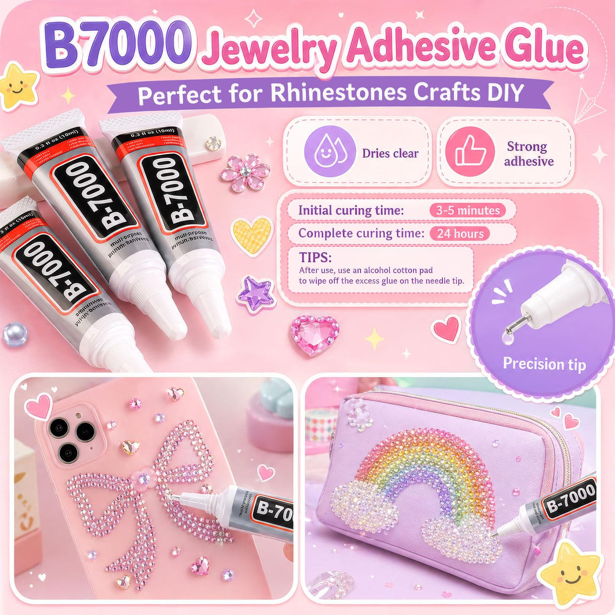 Mkoeveng tweezers, pickup pen and B7000 glue tube with precision tip for neat application