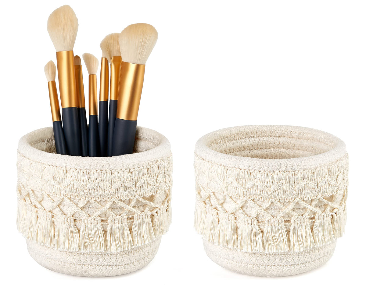 Mkono front view of ivory macrame basket showing tidy storage and style