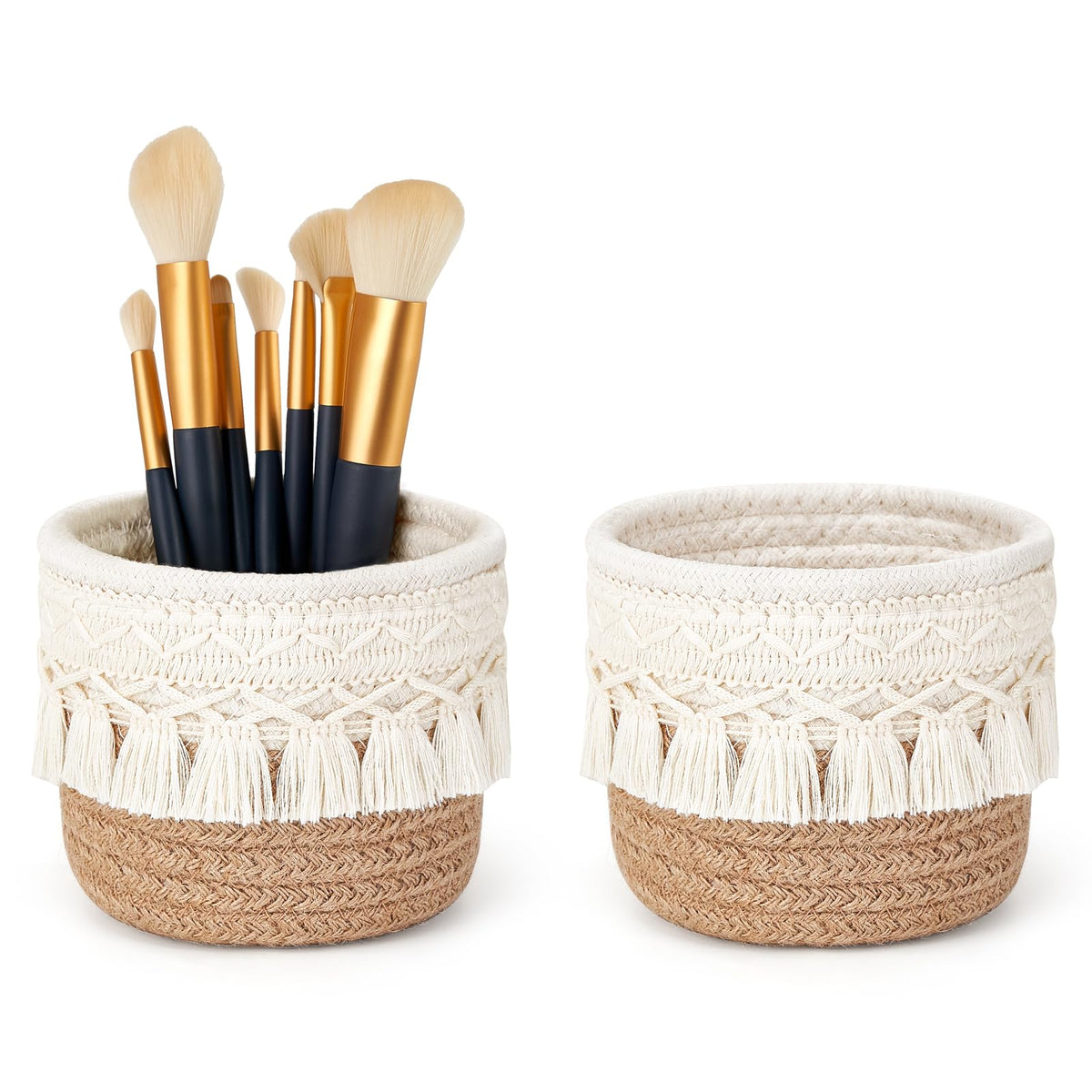 Mkono macrame front view of two yellow and white baskets, tidy countertop storage benefit