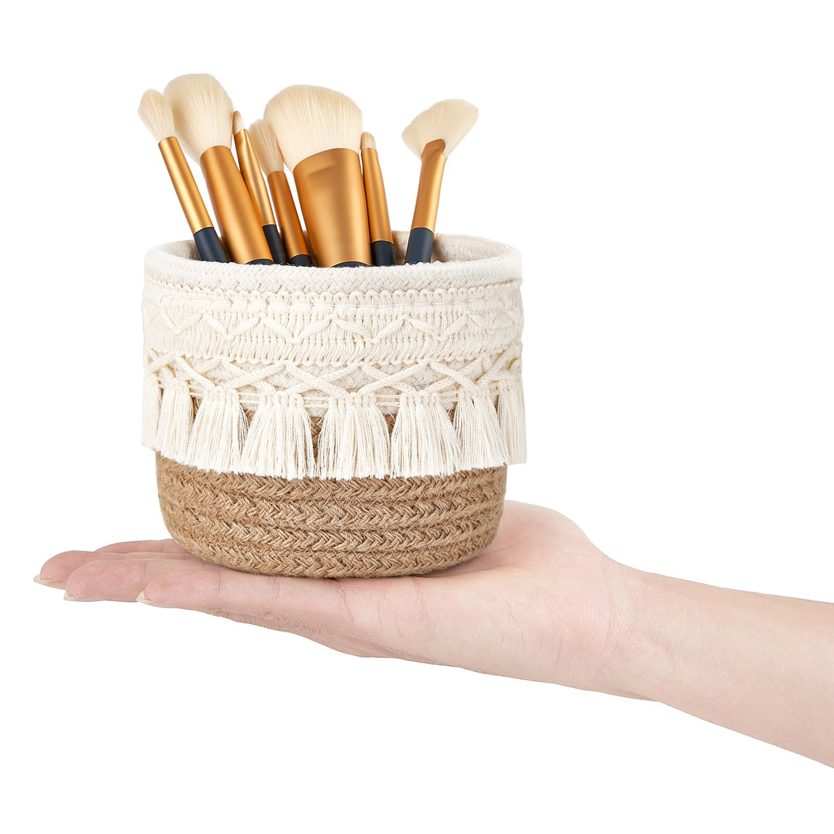 Mkono macrame baskets on bathroom shelf with toiletries, stylish decluttering benefit