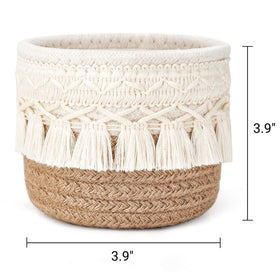 Mkono macrame baskets beside brushes to show scale, space-saving size benefit