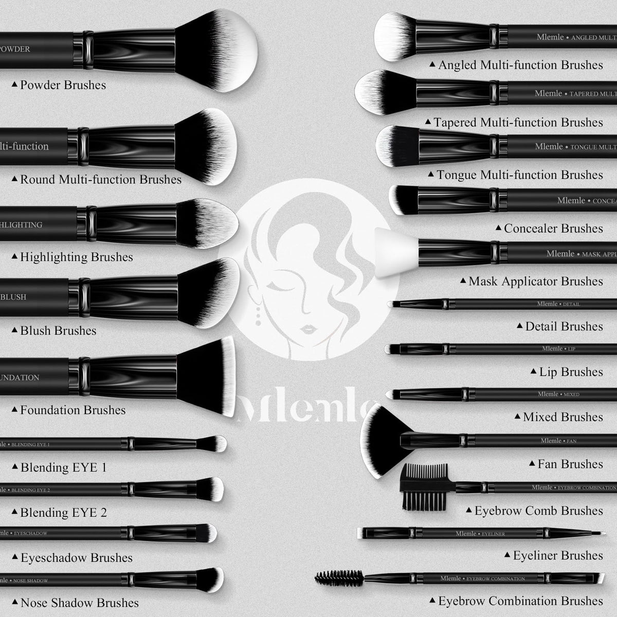 Mlemle brushes laid out displaying 21 brushes and organized variety benefit
