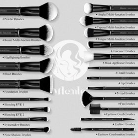Mlemle brushes laid out displaying 21 brushes and organized variety benefit