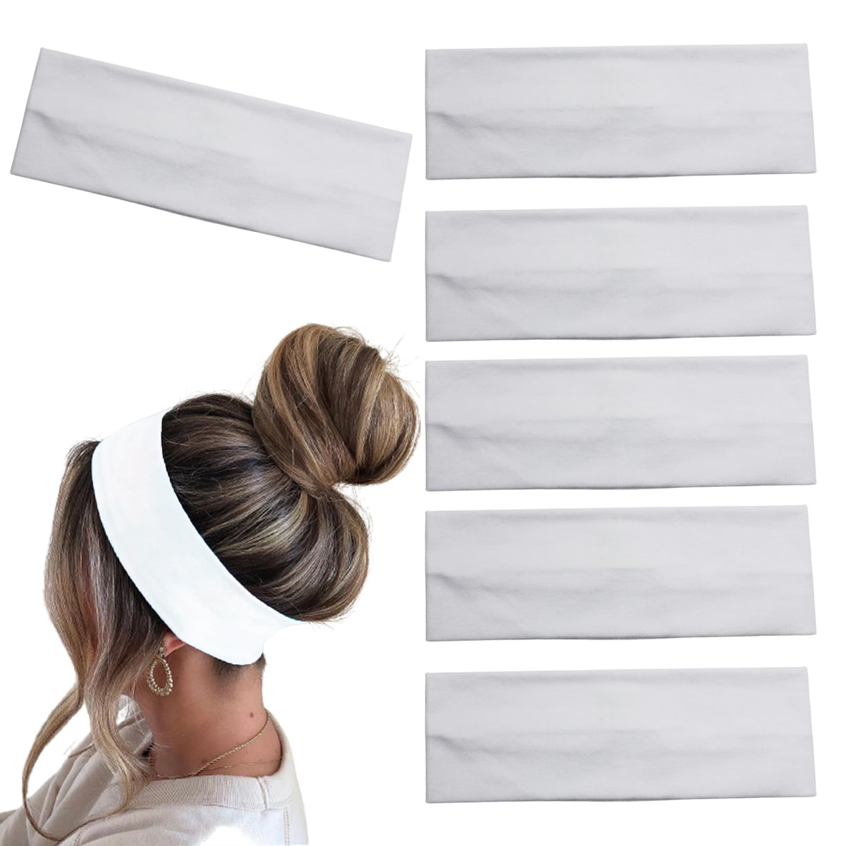 MLMOMVME front view of six white headbands showing package contents and value