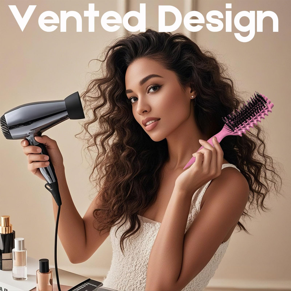 MMBVSZ Candybrush on vanity in a bathroom setting conveying everyday styling convenience