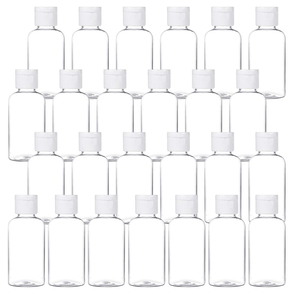 MMonDod front view of 25 clear travel bottles showing bulk set and convenience