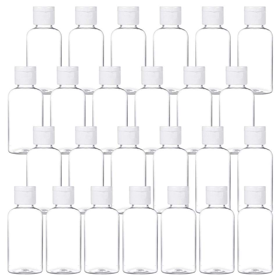 MMonDod front view of 25 clear travel bottles showing bulk set and convenience