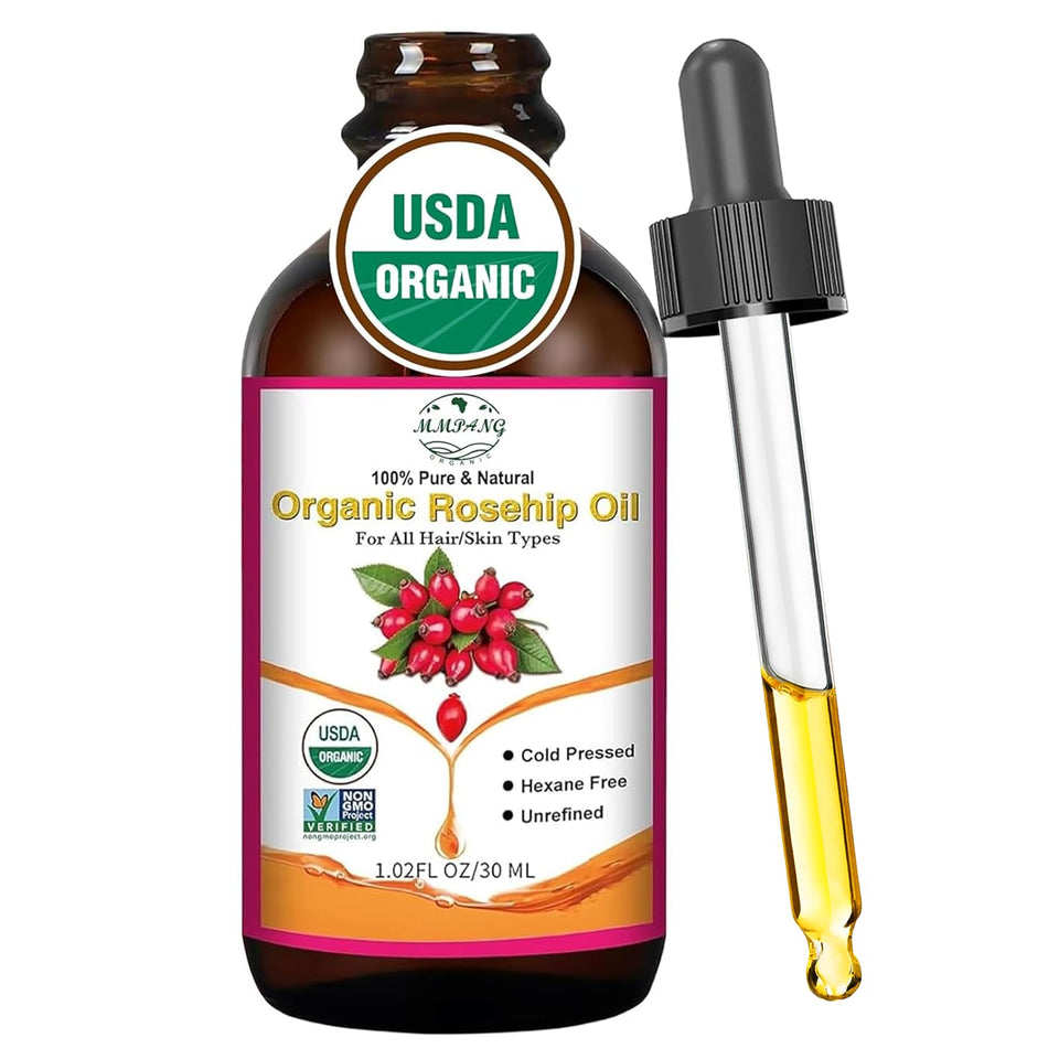 MMPANG front label on rosehip oil bottle showing organic certification and benefits