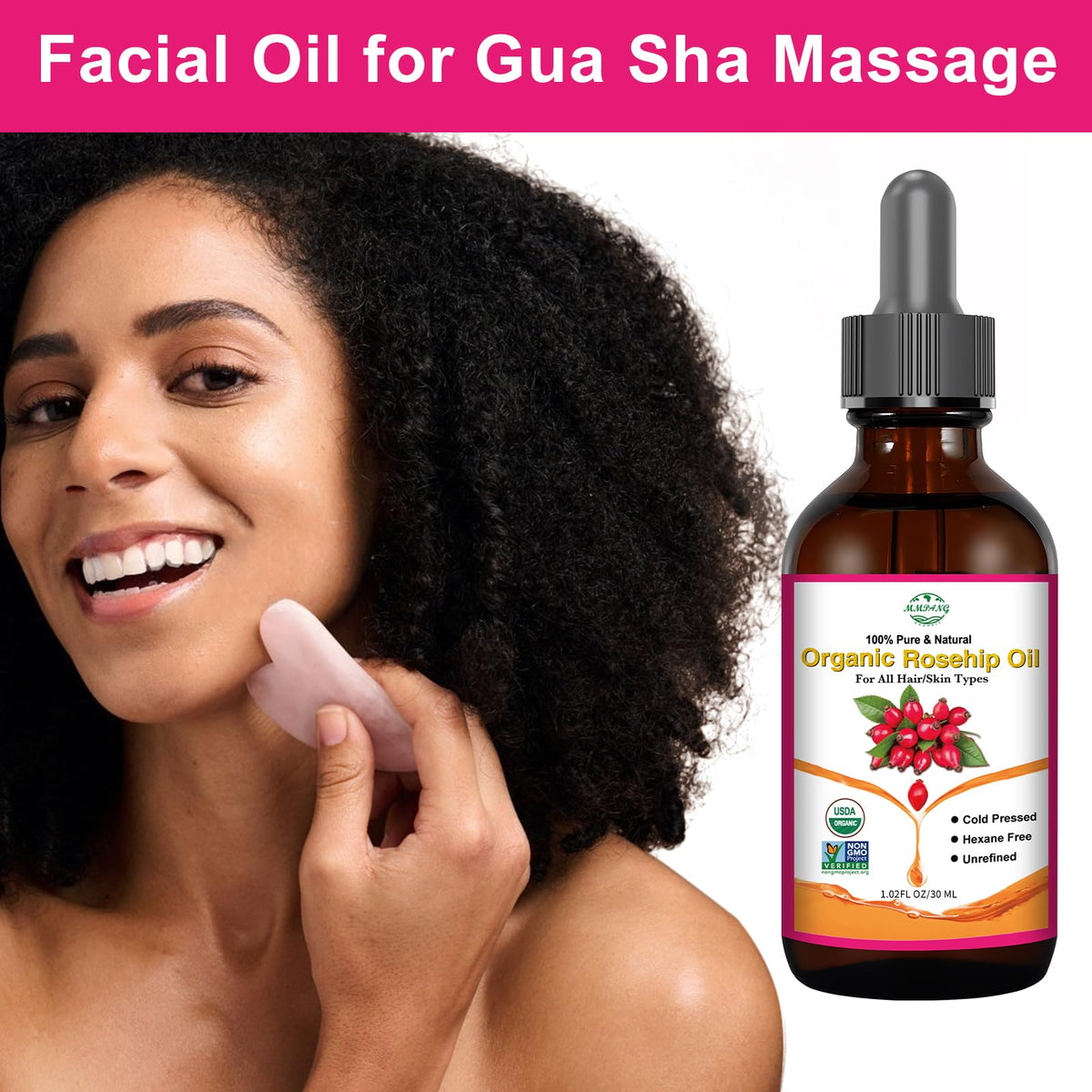 MMPANG applying rosehip oil to hair ends to nourish and reduce split appearance