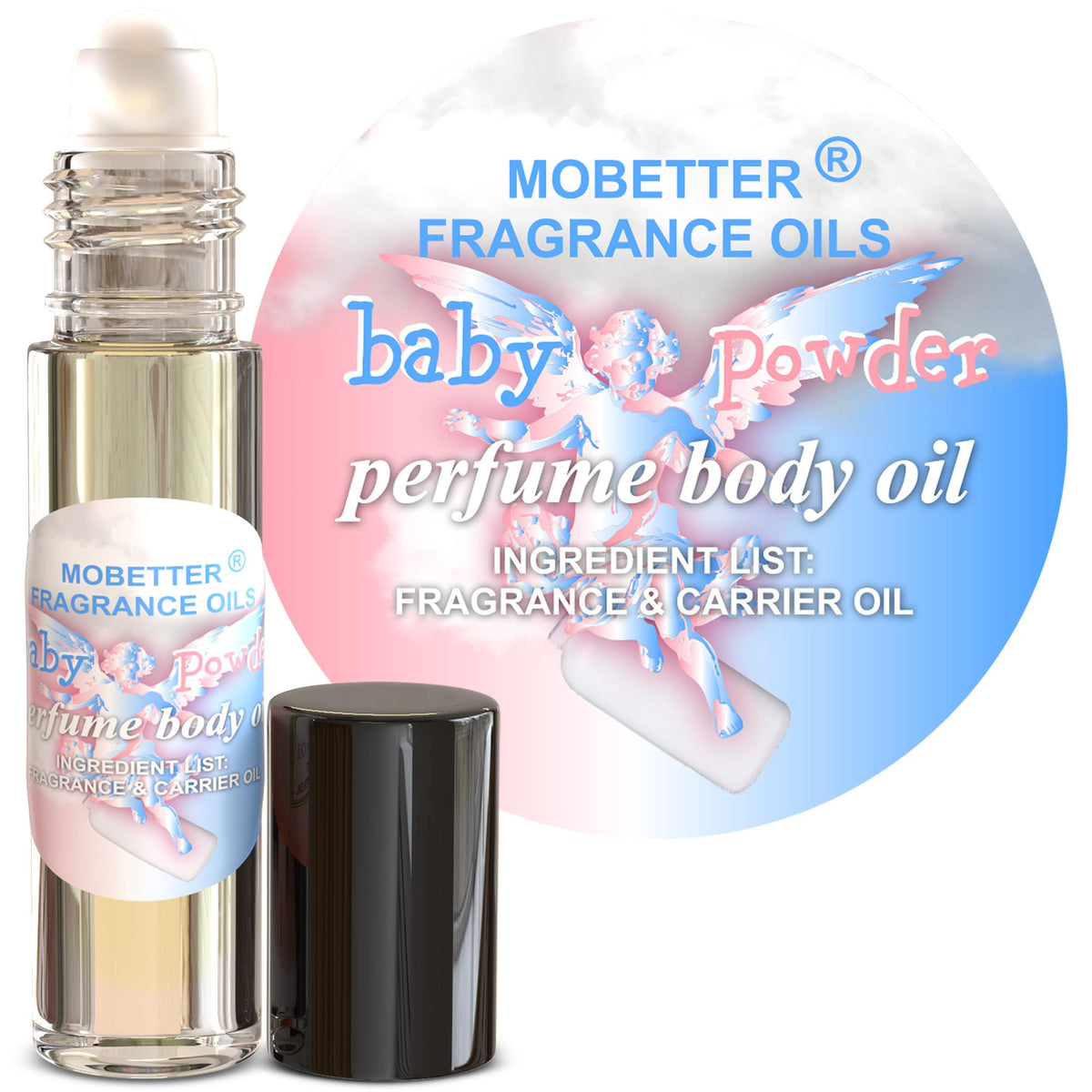 MOBETTER FRAGRANCE OILS front packaging showing compact roll-on and label benefit
