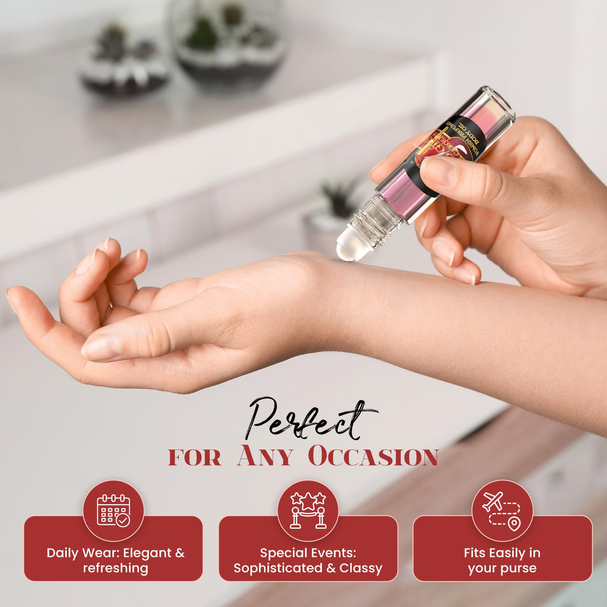 MOBETTER FRAGRANCE OILS roll-on application on wrist showing controlled use and easy layering benefit