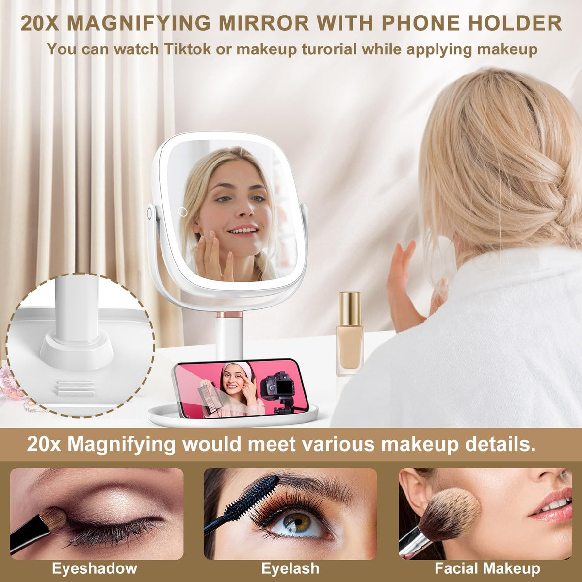 Mocado in use applying makeup while phone streams tutorial for convenience