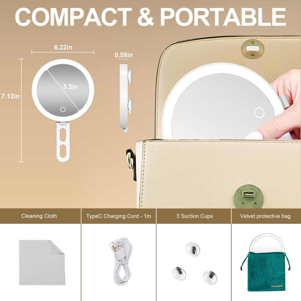 Mocado next to hand to show 6-inch mirror scale and portability