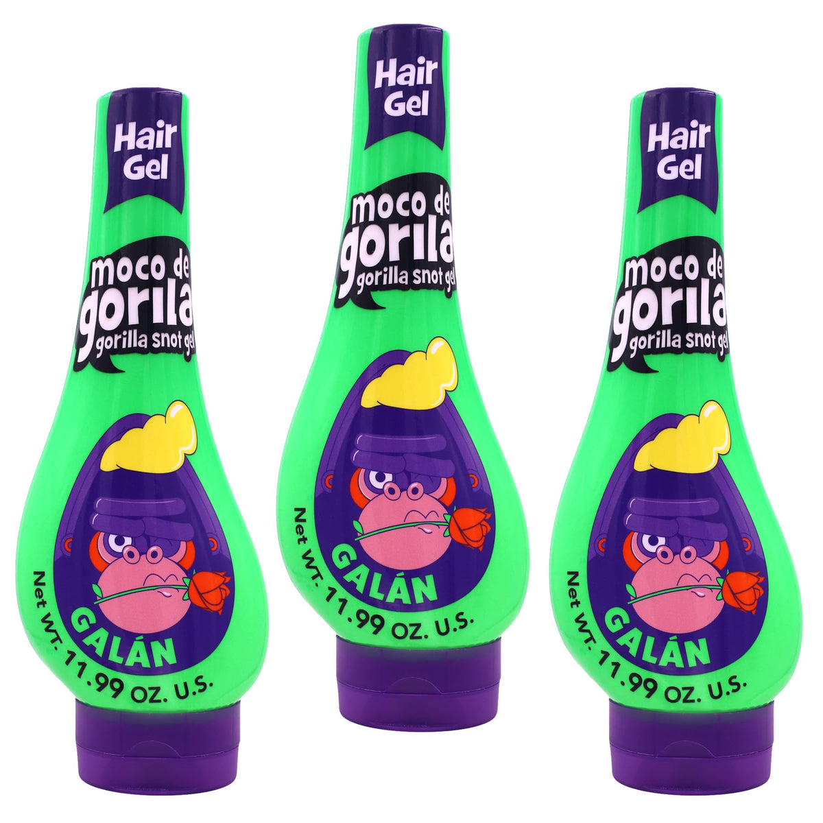 Moco de Gorila Galan front packaging showing three squeezable bottles and pack benefits