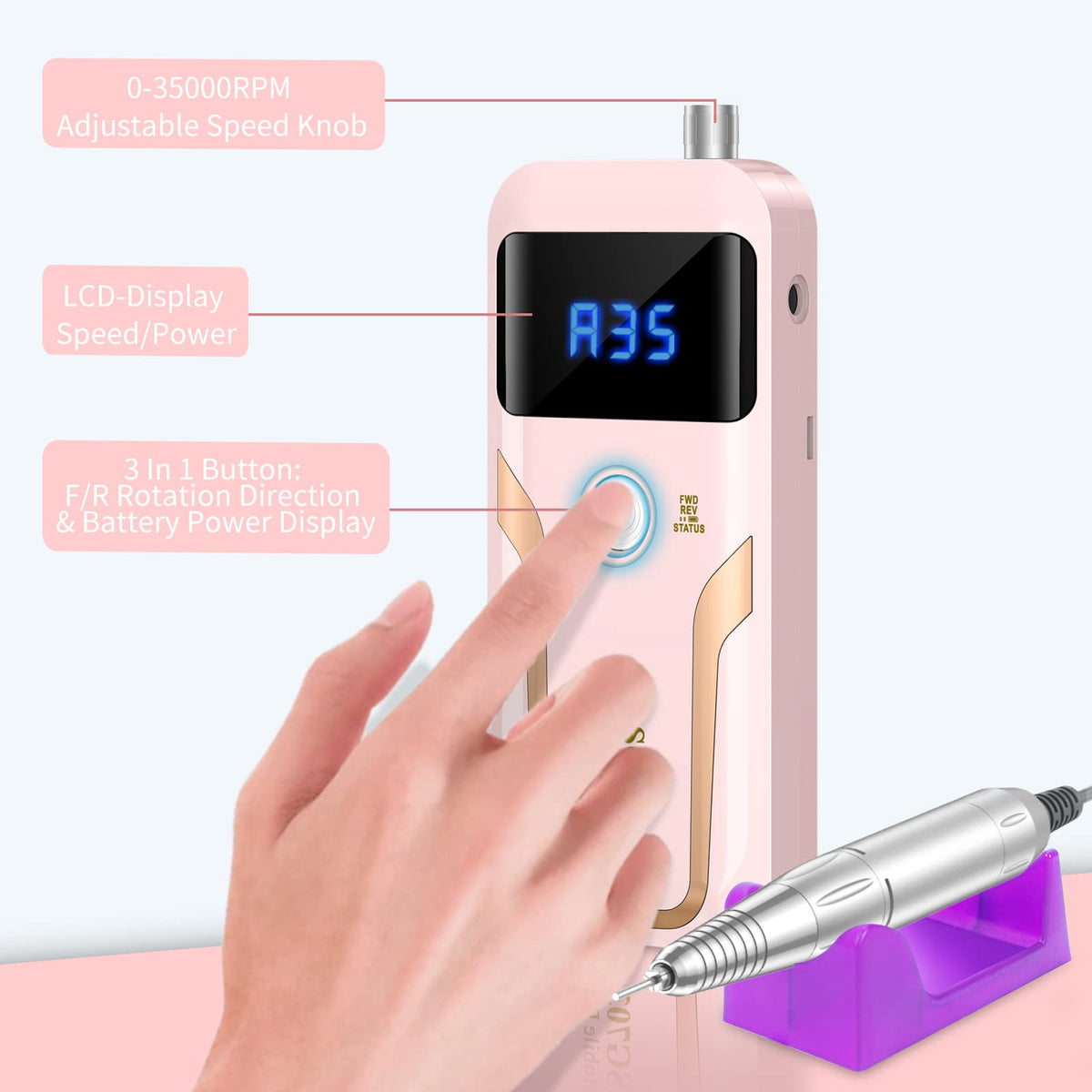 MOCOWIND charging cable and battery indicator displaying fast recharge and long runtime