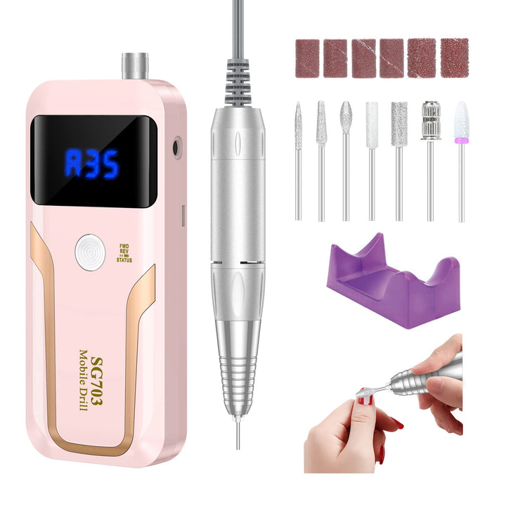 MOCOWIND front view of pink cordless nail drill highlighting compact design and portability