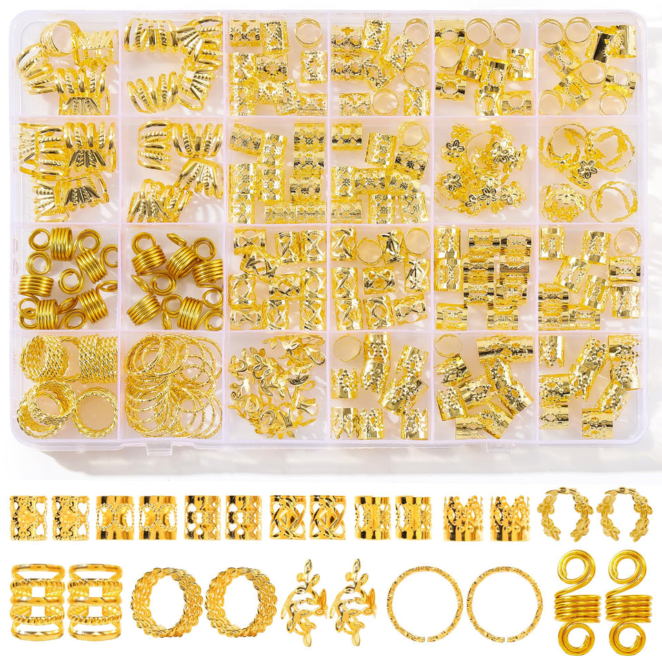 MODASER product layout showing 220 gold hair jewelry pieces for styling versatility