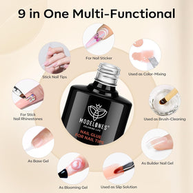 modelones glue being applied to a press-on nail showing fast placement and secure bond