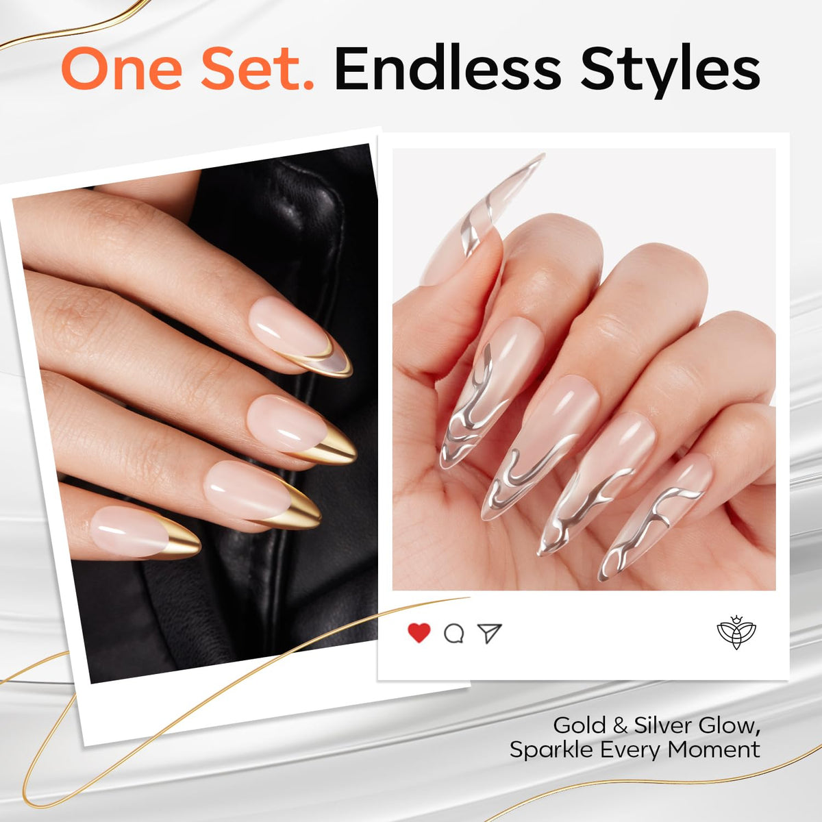 modelones application on false nails showing smooth, streak-free metallic coverage