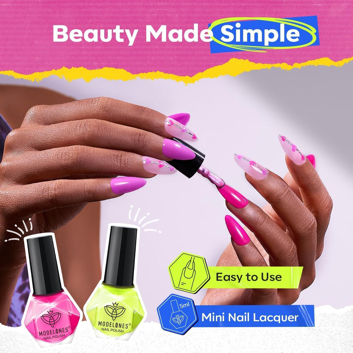 modelones application on fingernails showing bright neon polish drying quickly for fast mani