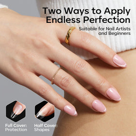 modelones applying a tip with glue showcasing fast press-on application benefit