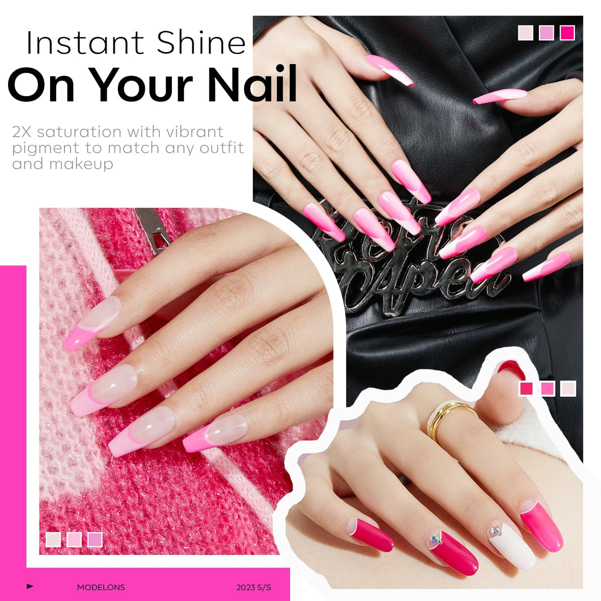 modelones arranged bottles showing gradient from nude to neon pink for styling ideas