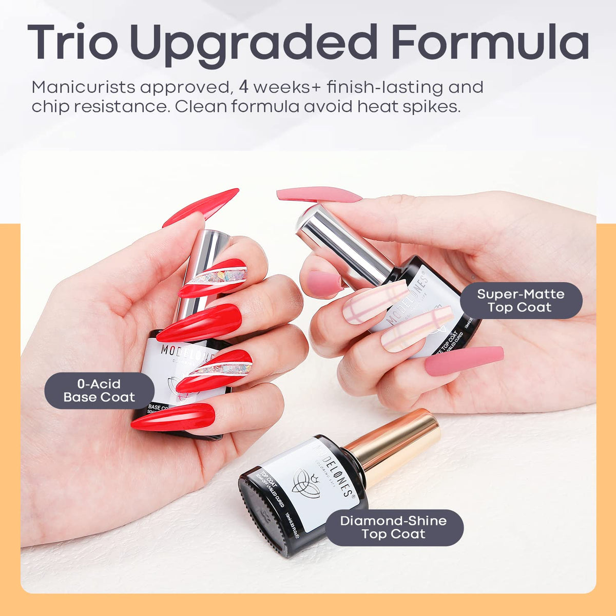 modelones bottles lined up to show base, glossy top coat, and matte top coat benefits