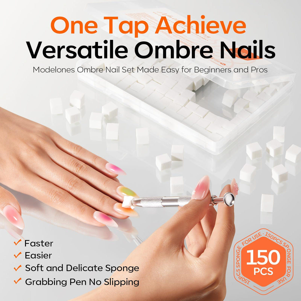 Modelones sponge applying chrome powder for reflective blush and metallic nail effects