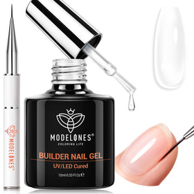 modelones clear builder bottle front showing product benefit of strong base