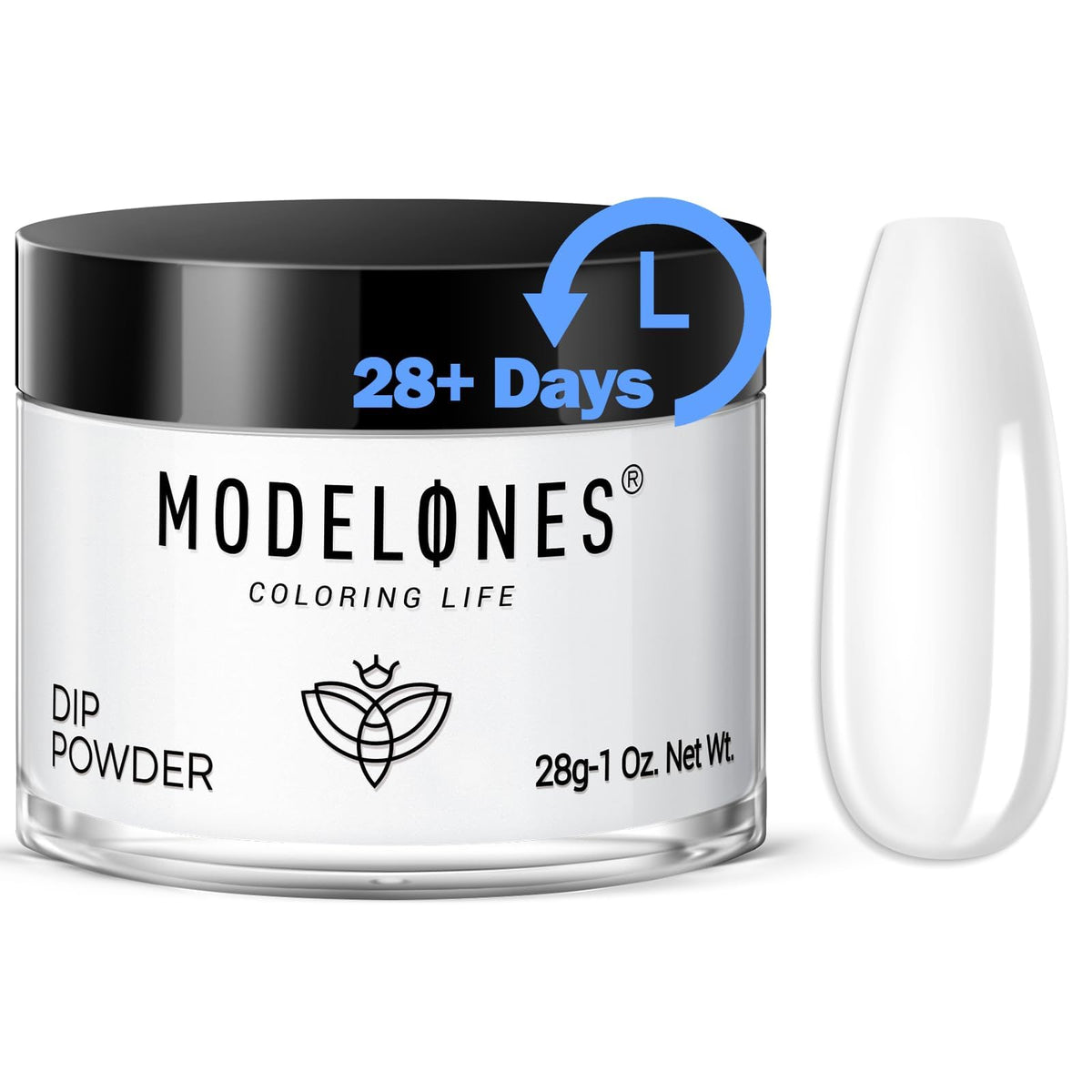 modelones clear dip powder front jar showing product and benefit of high capacity