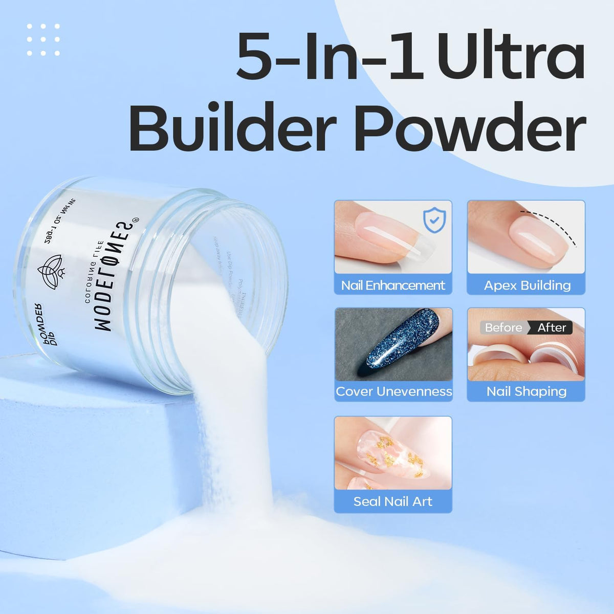 modelones clear dip powder jar open with powder visible for easy application