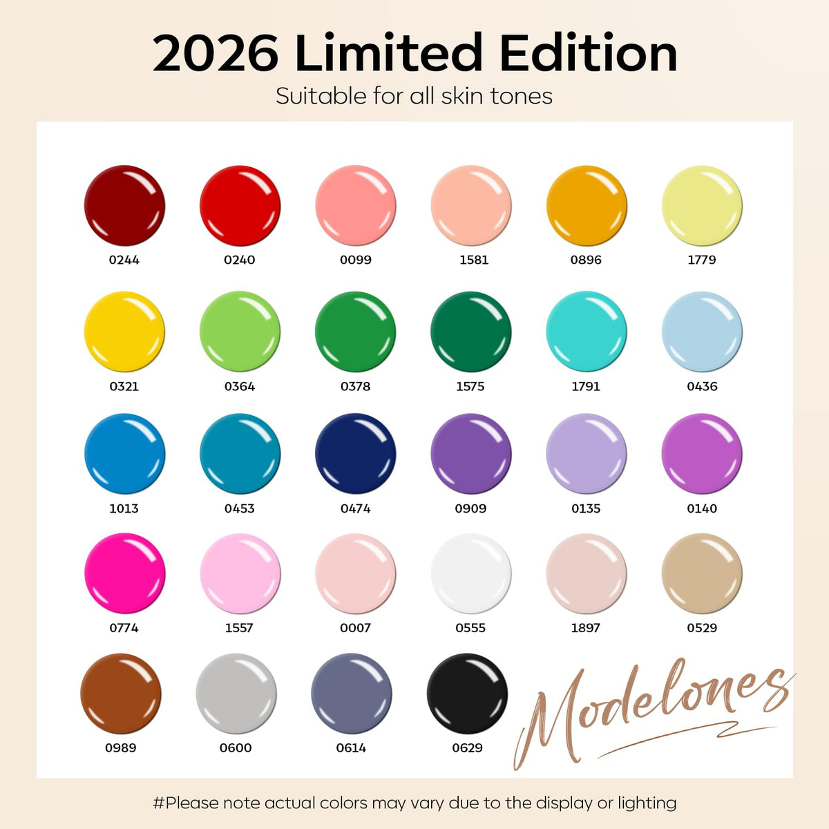 modelones color array flatlay displaying 28 shades for versatile nail looks