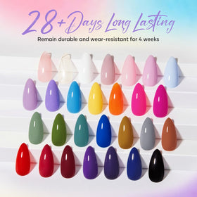 modelones color array flatlay displaying 28 gel shades for versatile manicure options