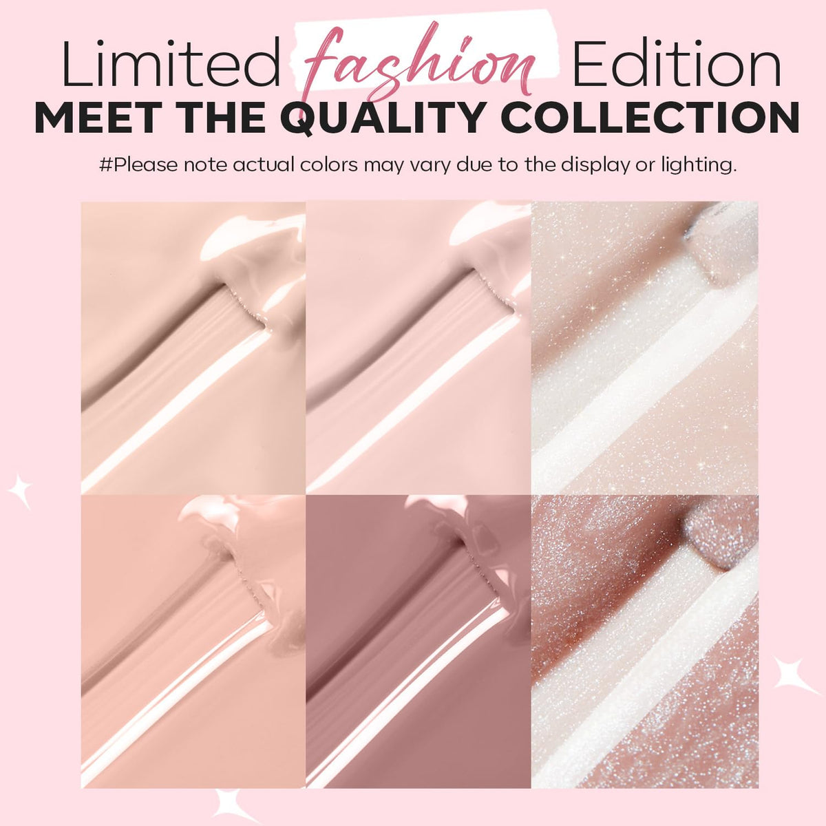 modelones color swatch display showing six skin-tone and glitter shades